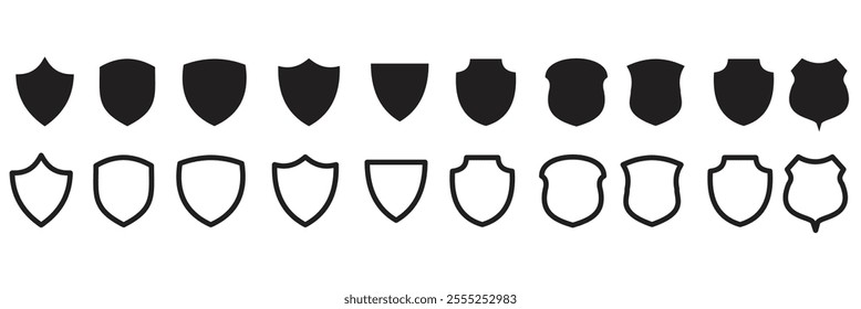 Shield icon. Heraldic shield set. Black knight award contours and linear signs. Protect shapes silhouette. Vector illustration