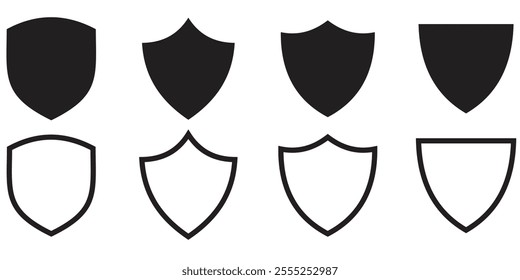 Shield icon. Heraldic shield set. Black knight award contours and linear signs. Protect shapes silhouette. Vector illustration