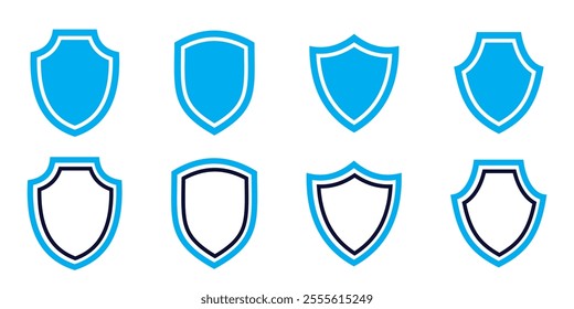 Shield icon. Heraldic shield set. Black knight award contours and linear signs. Protect shapes silhouette. Vector illustration