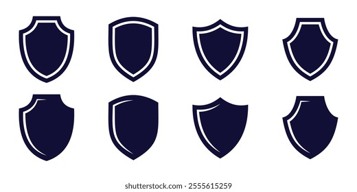 Shield icon. Heraldic shield set. Black knight award contours and linear signs. Protect shapes silhouette. Vector illustration