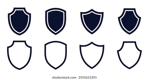 Shield icon. Heraldic shield set. Black knight award contours and linear signs. Protect shapes silhouette. Vector illustration