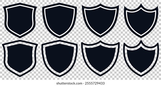 Shield icon. Heraldic shield set. Black knight award contours signs. Protect shapes silhouette. Vector illustration