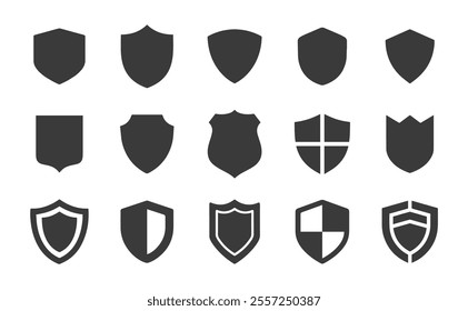 Shield icon. Heraldic shield set. Black knight award contours and linear signs. Protect shapes silhouette. Vector illustration