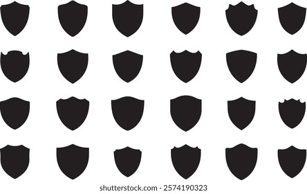 Shield icon. Heraldic shield set. Black knight award contours and linear signs. Protect shapes silhouette. Vector illustration on white background