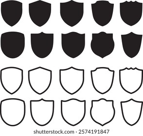 Shield icon. Heraldic shield set. Black knight award contours and linear signs. Protect shapes silhouette. Vector illustration on white background