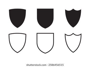 Shield icon. Heraldic shield set. Black knight award contours and linear signs. Protect shapes silhouette. Vector illustration