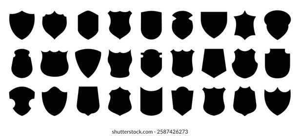 Shield icon. Heraldic shield set. Black knight award contours and linear signs. Protect shapes silhouette. Vector illustration