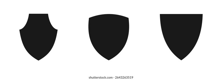 Shield icon. Heraldic shield set. Black knight award contours and linear signs. Protect shapes silhouette.