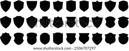 Shield icon. Heraldic shield set. Black knight award contours and linear signs. Protect shapes silhouette. Vector illustration