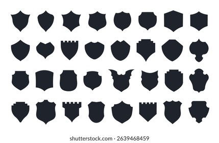 Shield icon. Heraldic shield set. Protect security line icons. Badge quality symbol, sign, logo or emblem. Black knight award contours and linear signs. Shapes silhouette. Vector set.
