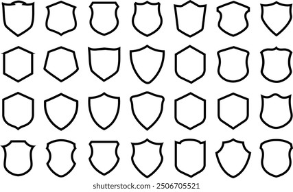 Shield icon. Heraldic shield set, security black labels. Knight award contours and linear signs. Protect shapes silhouette. Vector illustration