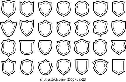 Shield icon. Heraldic shield set, security black labels. Knight award contours and linear signs. Protect shapes silhouette. Vector illustration