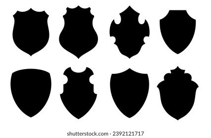 Shield icon, heraldic shields, security black labels logo. Knight award, medieval royal vintage badges design frame isolated vector. Protect silhouette element set shapes . Modern Minimalist Shield 