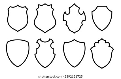 Shield icon, heraldic shields, security black labels logo. Knight award, medieval royal vintage badges design frame isolated vector. Protect silhouette element set shapes . Modern Minimalist Shield Lo