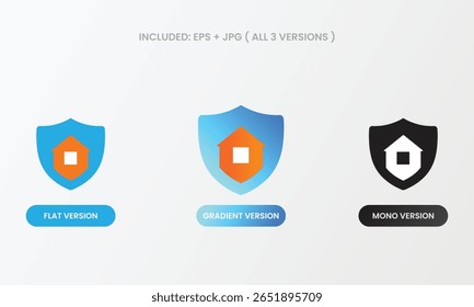 Shield icon with house representing real estate protection, home insurance, or housing safety. Available in flat, gradient, and mono styles. Great for secure housing apps.