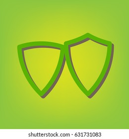 Shield icon illustration. Vector. Green line icon with brown shadow at green-yellow background.