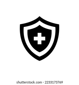 Ilustración del icono Escudo salud vectorial cruz hospital médico símbolo del antivirus kit de logotipo aislado en fondo blanco