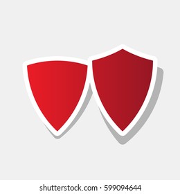 Shield icon illustration. Vector. New year reddish icon with outside stroke and gray shadow on light gray background.
