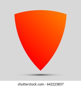 Shield icon illustration. Vector. Orange, red-yellow icon with shadow on gray background.