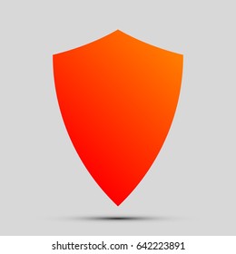 Shield icon illustration. Vector. Orange, red-yellow icon with shadow on gray background.
