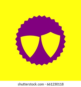 Shield icon illustration. Vector. Violet label with hole as icon on yellow background.