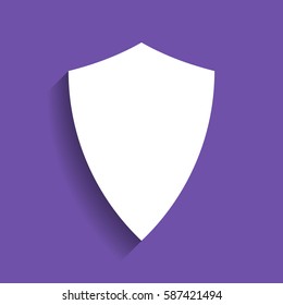 Shield icon illustration. Vector. White icon with soft shadow on grape violet background.