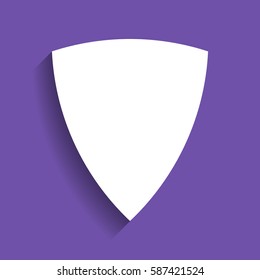 Shield icon illustration. Vector. White icon with soft shadow on grape violet background.