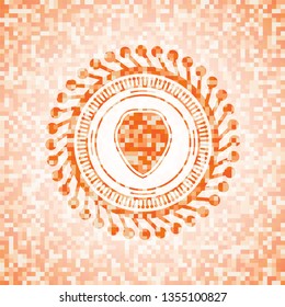 shield icon inside abstract emblem, orange mosaic background