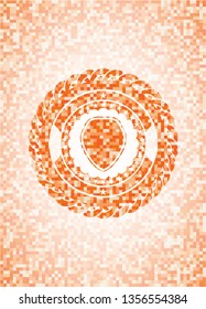 shield icon inside abstract emblem, orange mosaic background