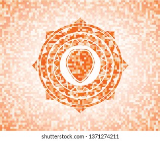 shield icon inside abstract emblem, orange mosaic background
