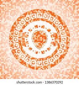 shield icon inside abstract emblem, orange mosaic background