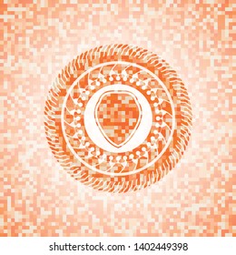 shield icon inside abstract emblem, orange mosaic background