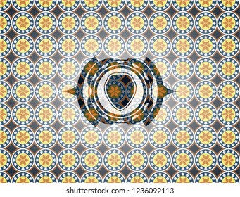 shield icon inside arabesque badge background. arabic decoration.