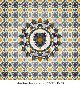 shield icon inside arabic badge background. Arabesque decoration.