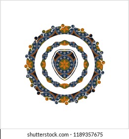 shield icon inside arabic badge. Arabesque decoration.