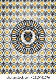 shield icon inside arabic badge background. Arabesque decoration.
