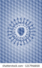  shield icon inside blue emblem with geometric background.
