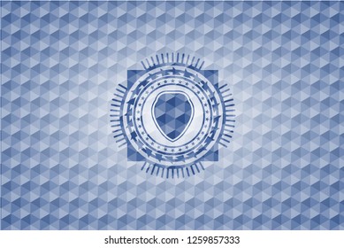 shield icon inside blue emblem or badge with abstract geometric pattern background.