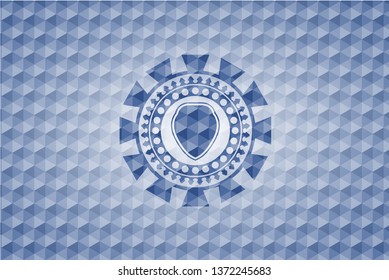 shield icon inside blue emblem with geometric background.