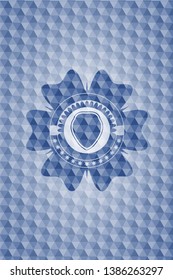 shield icon inside blue emblem or badge with abstract geometric pattern background.