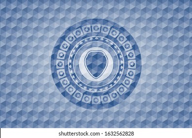 shield icon inside blue emblem or badge with geometric pattern background.