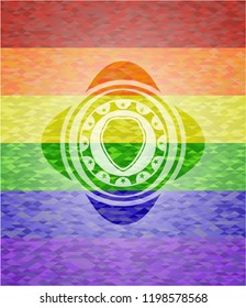 shield icon inside emblem on mosaic background with the colors of the LGBT flag