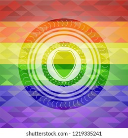 shield icon inside emblem on mosaic background with the colors of the LGBT flag