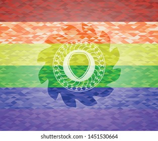 shield icon inside emblem on mosaic background with the colors of the LGBT flag