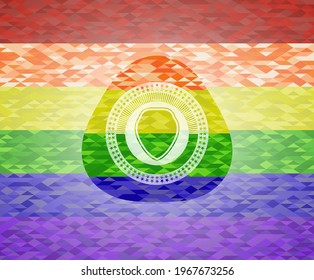 shield icon inside emblem on mosaic background with the colors of the LGBT flag. 