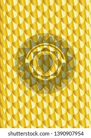 shield icon inside gold badge or emblem. Scales pattern. Vector Illustration. Detailed.