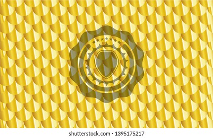 shield icon inside gold badge or emblem. Scales pattern. Vector Illustration. Detailed.