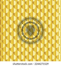 shield icon inside golden badge. Scales pattern. Vector Illustration. Detailed. 