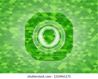 shield icon inside green emblem. Mosaic background