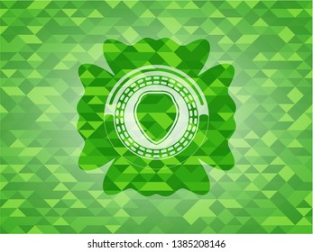 shield icon inside green emblem with mosaic ecological style background